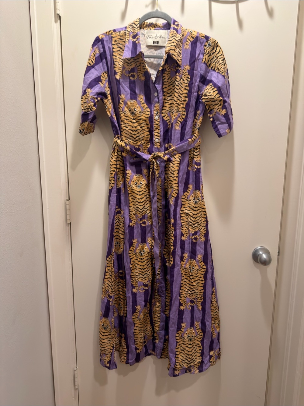Fox and Hen Purple Midi Shirt Dress with Tie Waist and Gold Tiger Motif small